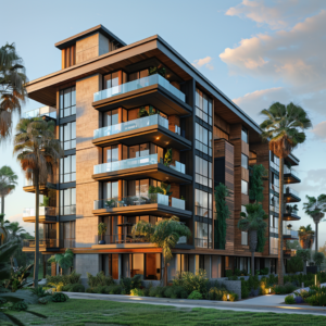 Apartment building surrounded by palm trees